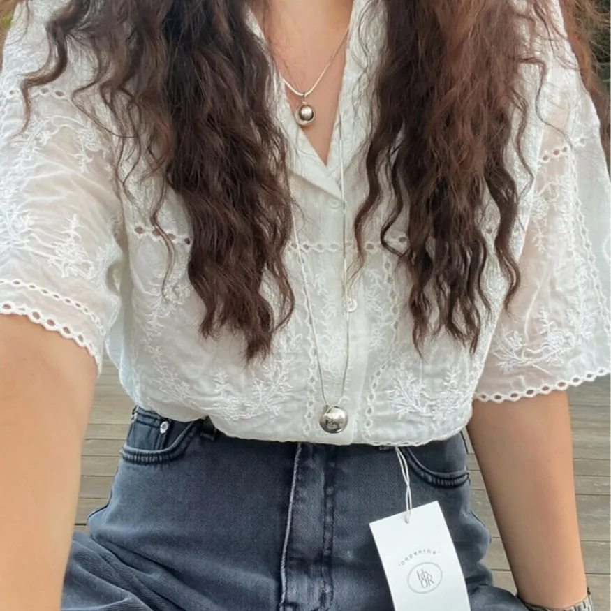 Nimo Home Korean Style Chic Versatile Fashion Embroidered Shirt Women's Short Sleeve Seamless Fabric Shirt Pure Color