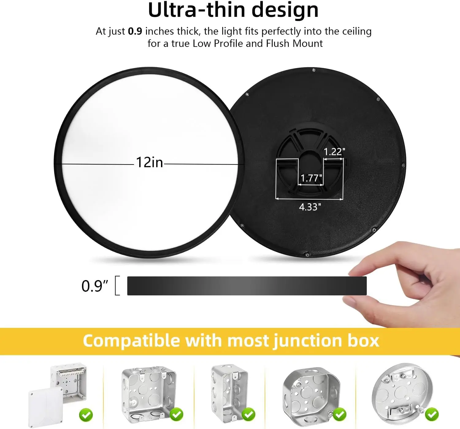 Luz de teto LED Flush Mount, perfil baixo ultra fino, 3 cores, 24W, 2520 Lm, 3000K, 4000K, 6000K, 4 pacotes, 12 Polegada