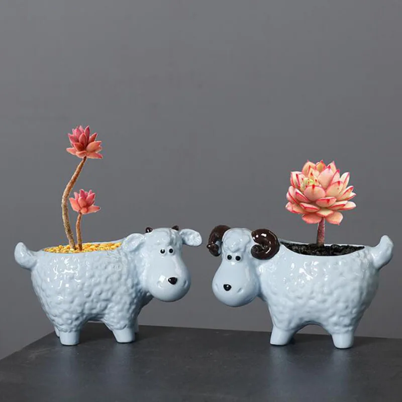 Creative Cute Sheep Succulent Plant Pot Porcelain Bonsai Vase Flowerpot Desktop Ornaments Home Garden Decor
