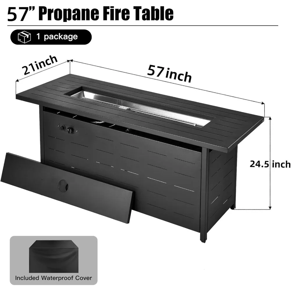 طاولة حفرة نار من غاز البروبان مقاس 57 بوصة مع 50000 وحدة حرارية بريطانية وصخور الحمم البركانية وغطاء وغطاء مقاوم للماء - حل تسخين الفناء الخارجي