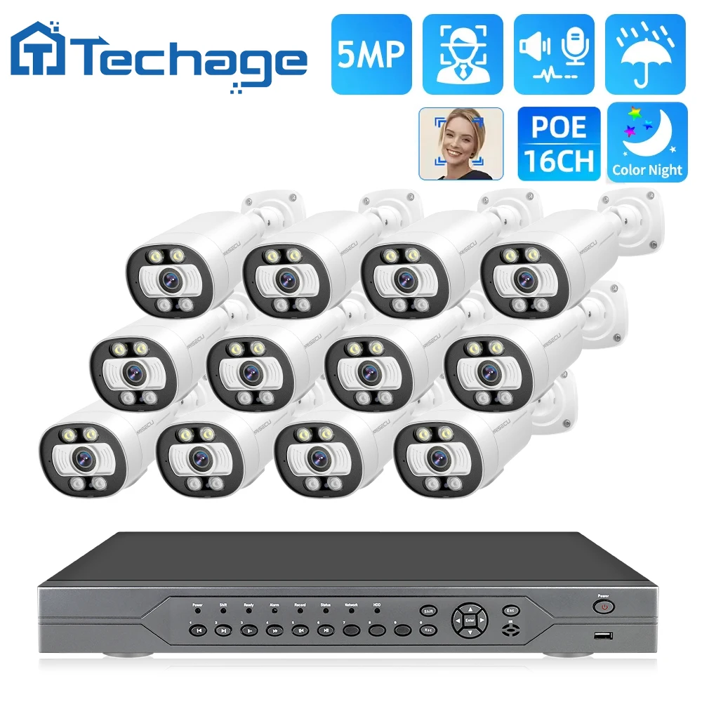 Techage 16CH 5MP POE Camera Kit Security H.265 Surveillance System 2-Way CCTV Security NVR Kit System Smart AI Face Detection