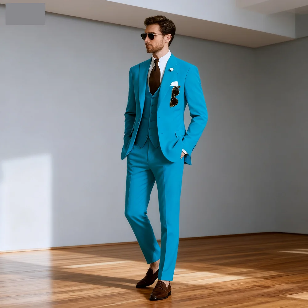 

Men's Monochromatic Slim Fit Wedding Terno Peak Lapel Smoking Formal Business Suit 2 Button Jacket Vest Set