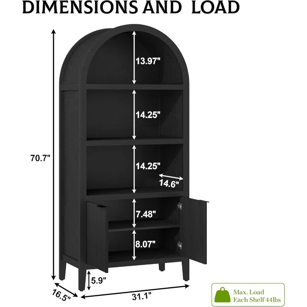 5-Tier Tall Arched Black Bookshelf with Fluted Doors and Shelving, Display Cabinet for Home and Office