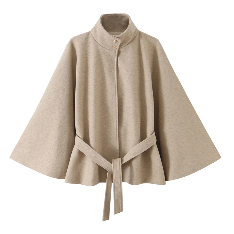 KEYANKETIAN 2026 Elegant Solid Wool Cape Jacket For Women Stand Collar Batwing Sleeve Waist Belt Chic Daily Fashion Outer Coat