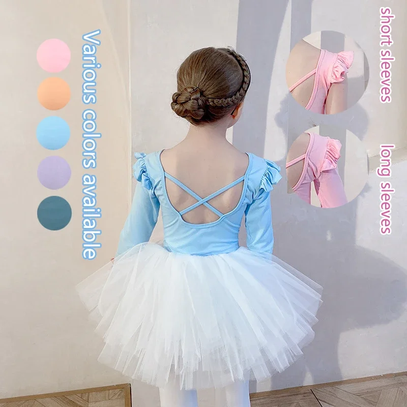 Girls Tutu Dress Professional Kids Gymnastics Dance Ruffle Long/Short Sleeve Backless Bodysuit Practice Ballet Costume Balletet