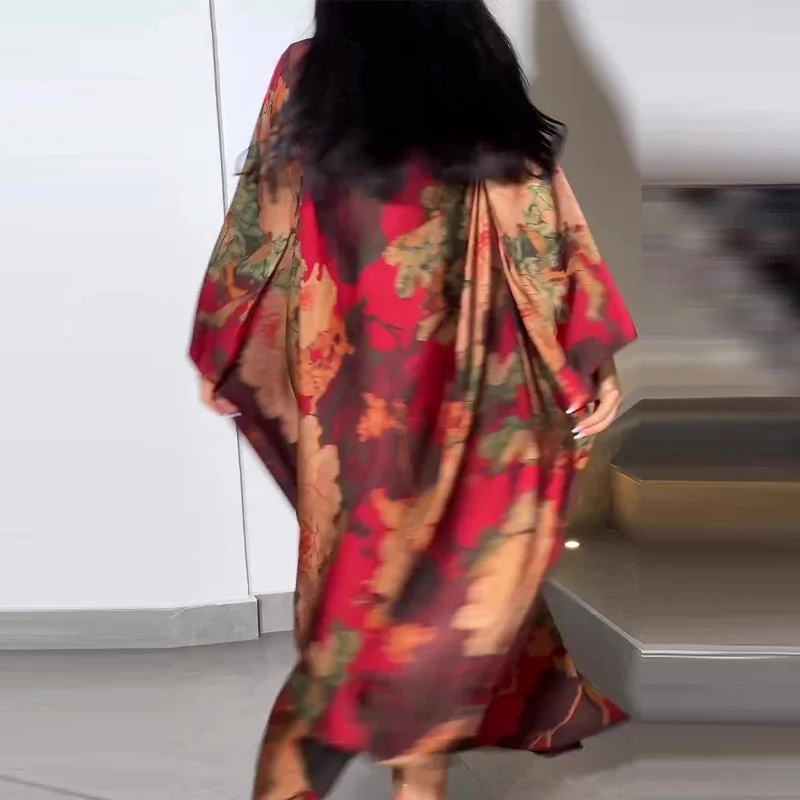 Vestido retrô étnico solto estampado feminino, elegante drapeado moda, estampa de flores de lapela sob medida, vestidos longos Bohe