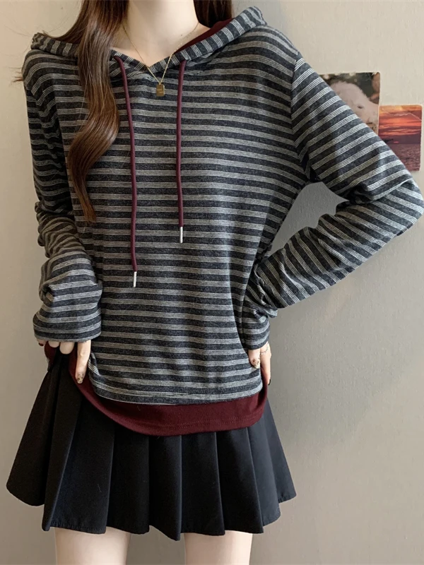 Dstring هوديي طبقة قاعدة مخططة irt المرأة ربيع الخريف جديد حجم كبير التخسيس الكورية Sle شيك ort الأعلى