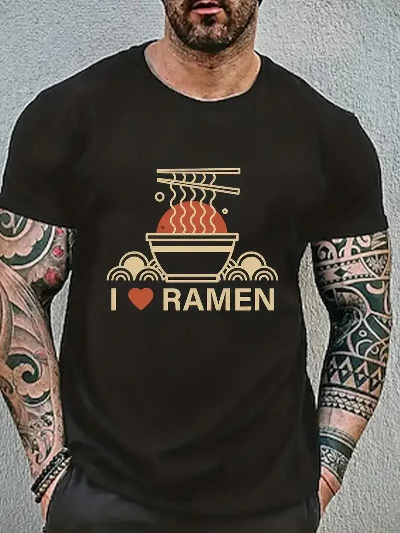 

Graphic Tee Men's Summer Clothes, Men's Casual Outfits For Sport Ramen Lover Pattern Print Men's Comfy Slightly Stretch T-shirt