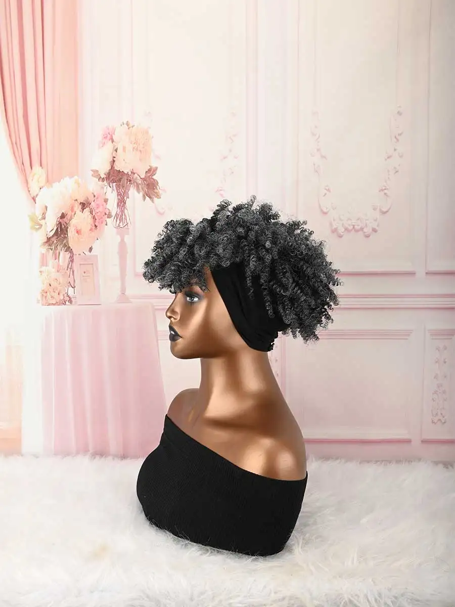 Headband Wig Curly Headband Wig With Bangs For Women Synthetic Afro Curly Hair Wig With Headband Attached Short Kinky