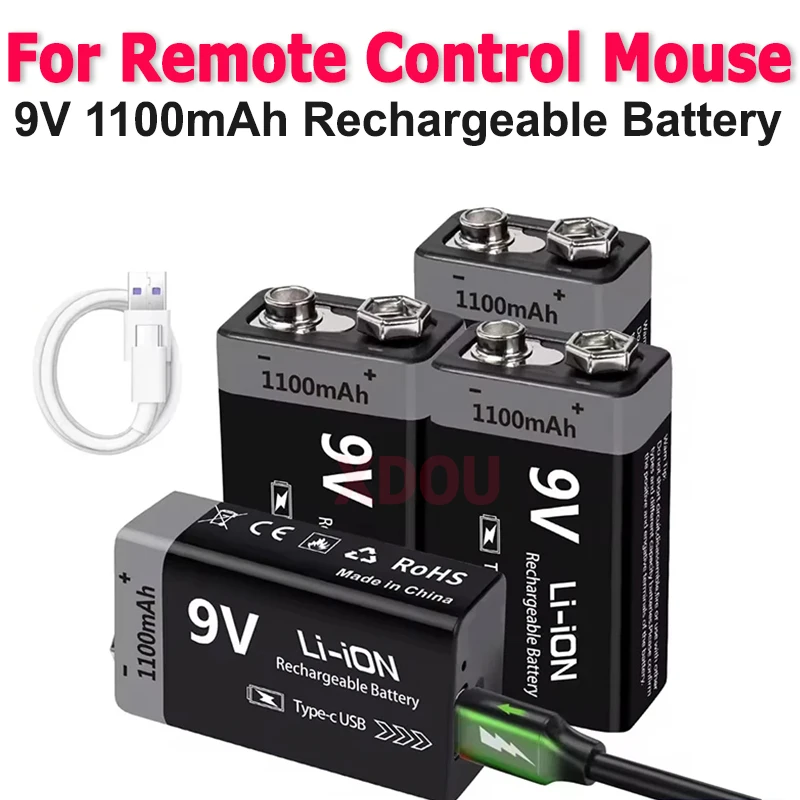 20PCS 9V Rechargeable Battery 1100mAh USB Type-C 6F22 9V Lithium Battery for RC Helicopeter Model Multimeter Toy Electric Guitar