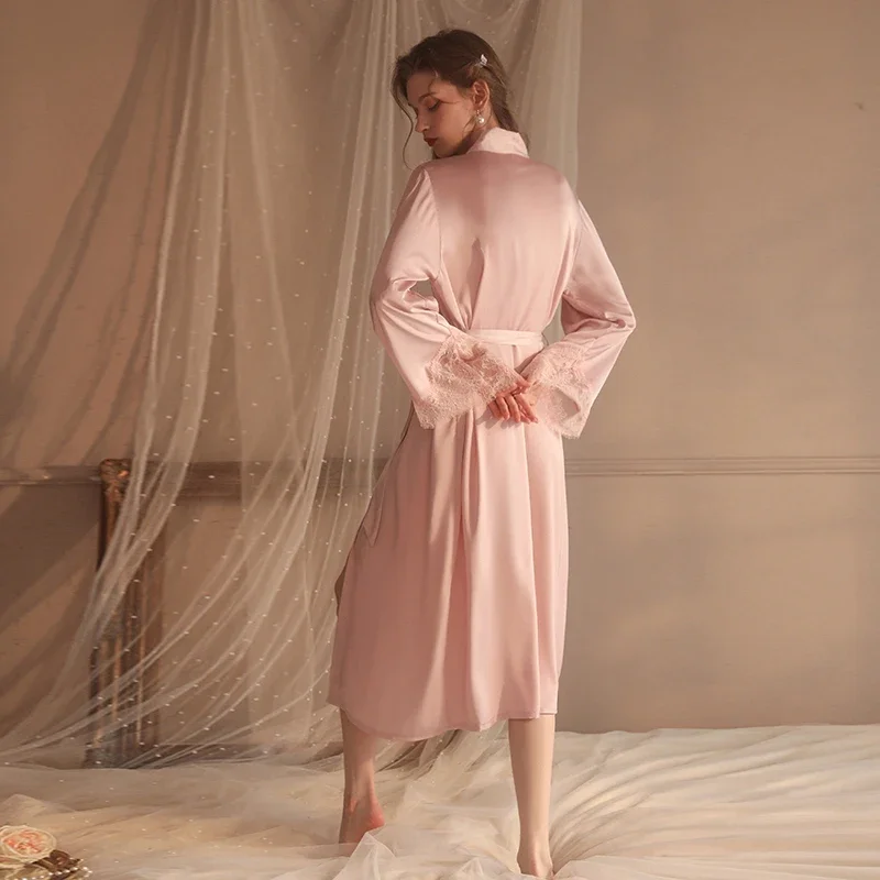 Sexy Long Lace Robe Women Satin Sleepwear Kimono Bathrobe V-Neck Sleepshirt Robe Gown Female Home Clothes Loungewear Lingerie