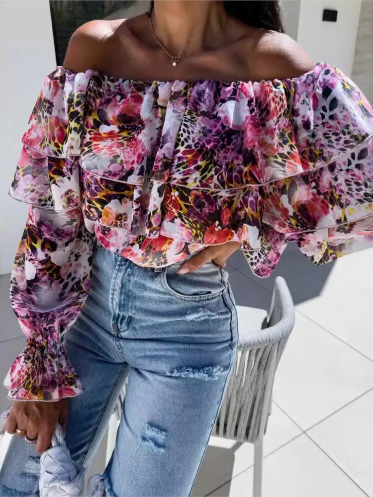 Printed One Shoulder Chiffon Shirts Women Fashion Sexy Off Shoulder Ruffles Long Sleeve Shirt Blouses Ladies Spring Autumn New