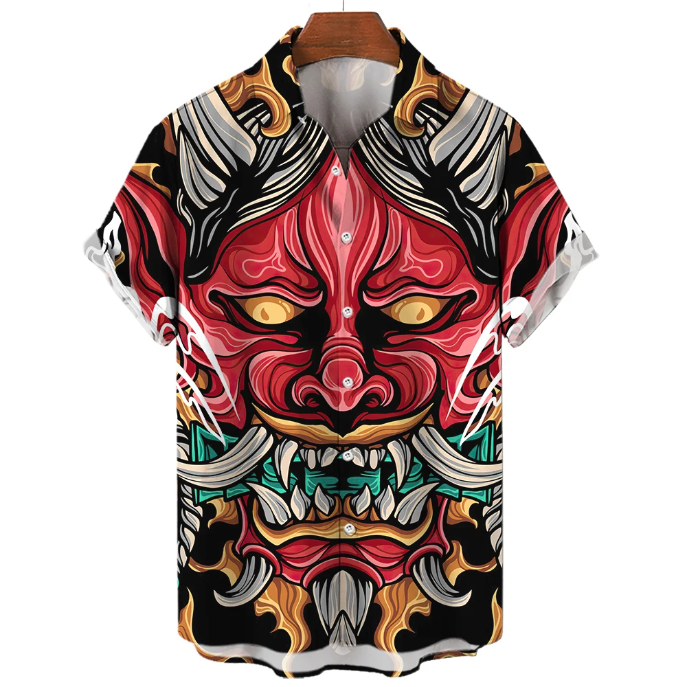 Retro Men's Shirt Slim Fit Samurai Horror Shirts Japanese Print Camisa Masculina Oversized Casual Hawaiian And Blouses