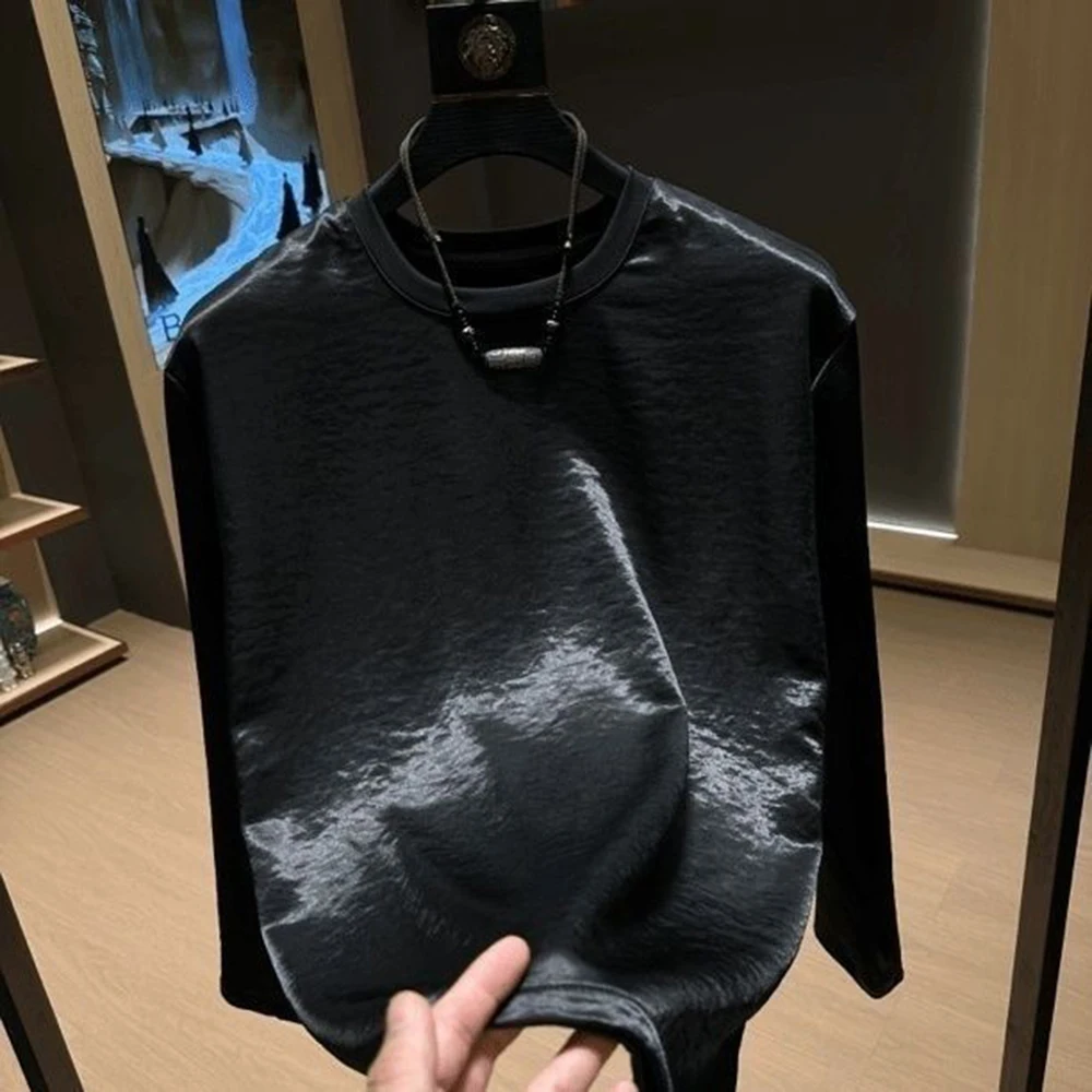 Mens Spring T-Shirt Acetate Daily Casual Home T Shirt Versatile Plain Simple Glossy Breathable Long Sleeved Top Men'S Clothing