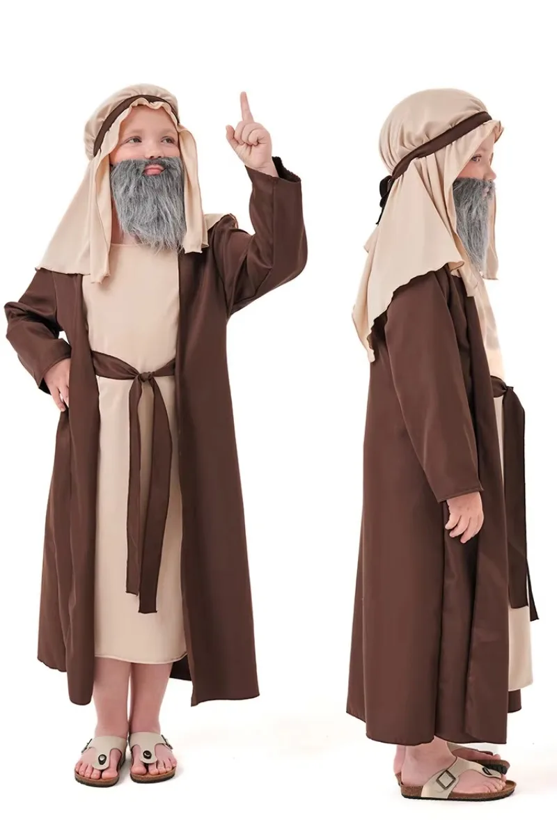 

Arab Brown Grandpa Halloween Costume Middle Eastern Shepherd Robe For Kid Boys With headgear