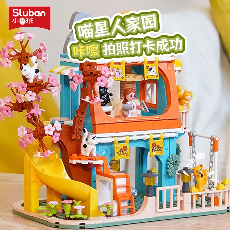 Sluban Girls Pet Home Villa Meow Star House Building Blocks Cartoon Street View Model Girl Friendship Figure Bricks Toy Gift