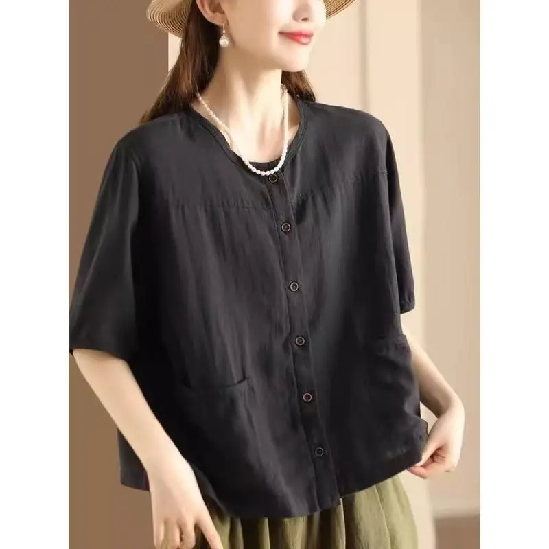 Camicia vintage in cotone e lino in cotone e lino Cardigan a maniche corte Top dimagrante versatile Capispalla elegante