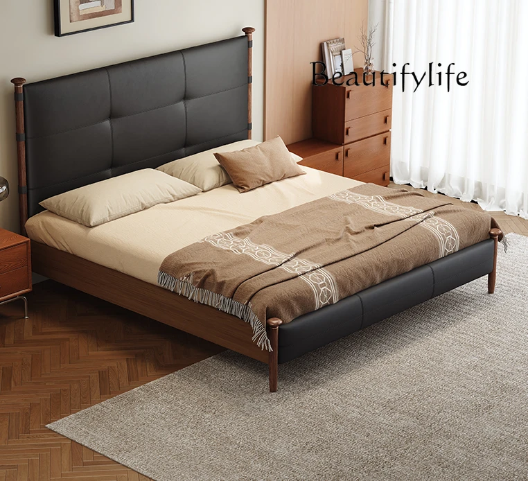 

Retro leather simple home bedroom double bed solid wood French antique Nordic fashion and comfort new