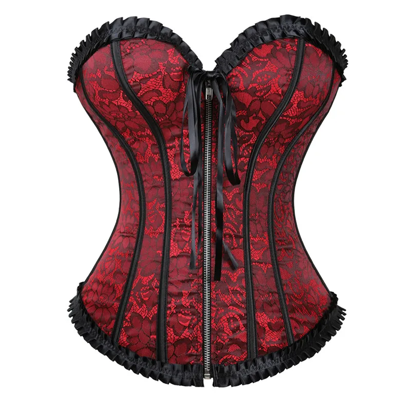 Vintage Satin Zipper Front Lace Up Back Steampunk Corset Sexy Corselet Corset Bustier Corset Gothic Overbust Slim Corset