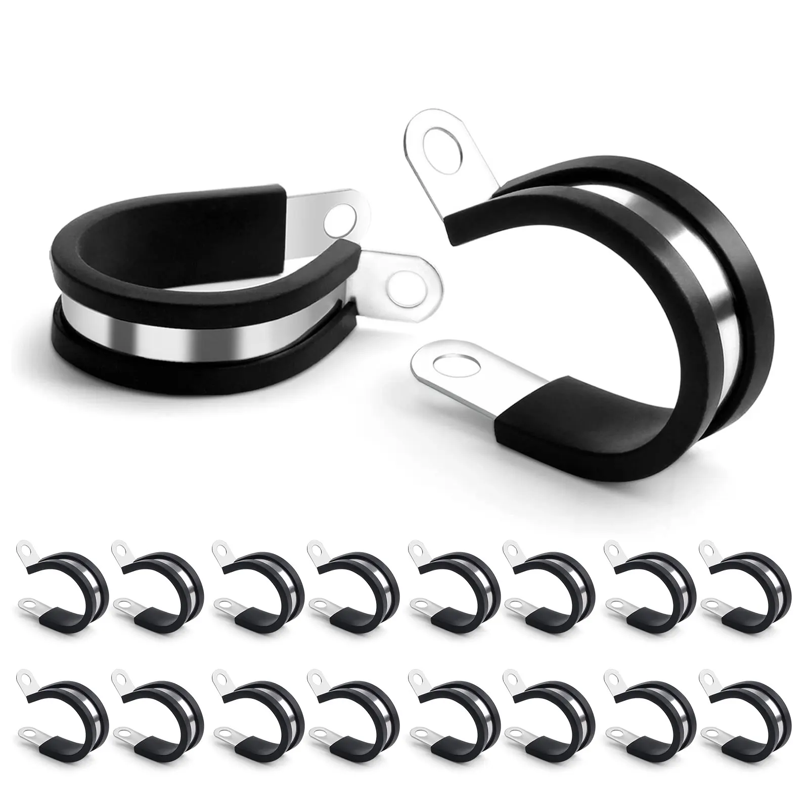 10pcs Cable Clamps 304 Stainless Steel Clamps Rubber Cushion Cushioned Insulated Wire Line Tube Pipe Fixed Bracket Metal Clip