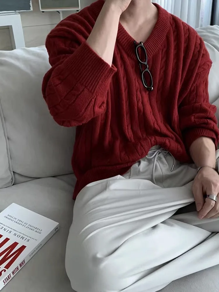 

Ankela Red V-Ne Men's Sweater Lazy Sle Autumn Korean High-End Knitted Twist Knitwear Outerwear Polyester Long Sve Yout...