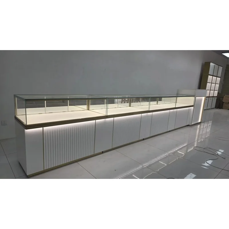 custom.Modern Eco-Friendly Heavy Duty Waterproof Recyclable Retail Jewelry Display Cabinet White Painted Fluted LED Light Showca