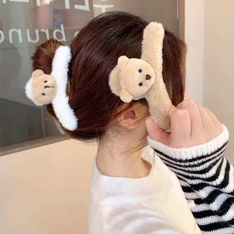 Cute double-sided plush bear head large claw clip Korean style furry hair clip back of head hairpin hair shark clip