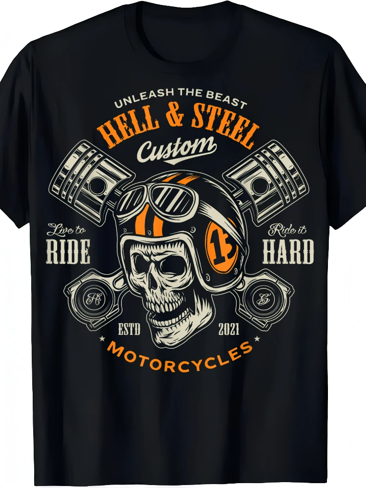 Motorcycle Skull And Piston Crossbones, Valentine's Day Limited Edition, Motorcycle 100% Cotton Print Short Sleeve T-shirt.