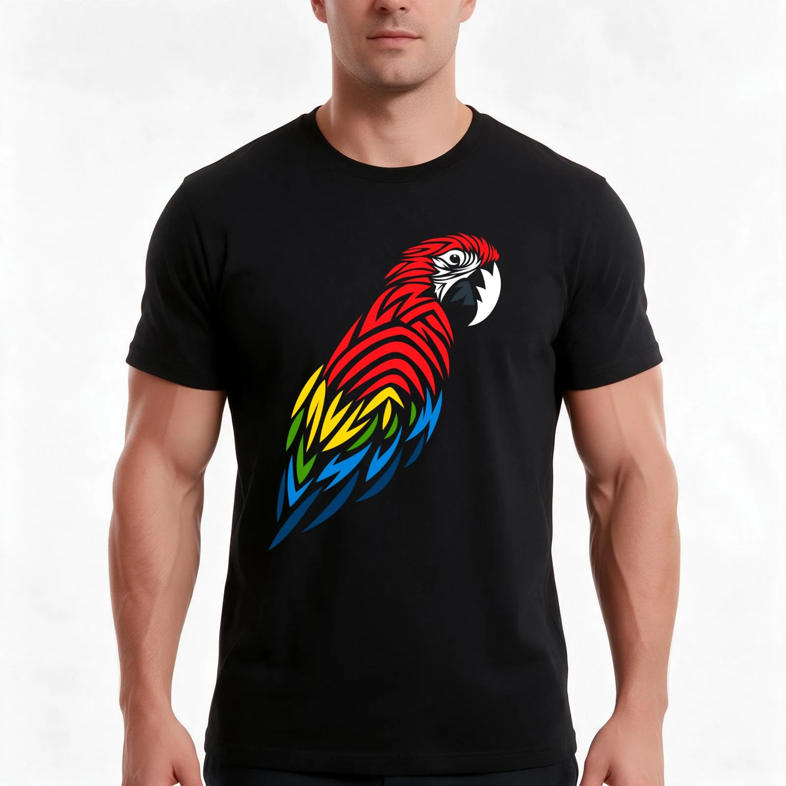Tribal Macaw T-Shirt, Summer Casual Cotton Tee, Oversized Streetwear Tops, Vintage Graphic Print, Loose Fit Short Sleeve
