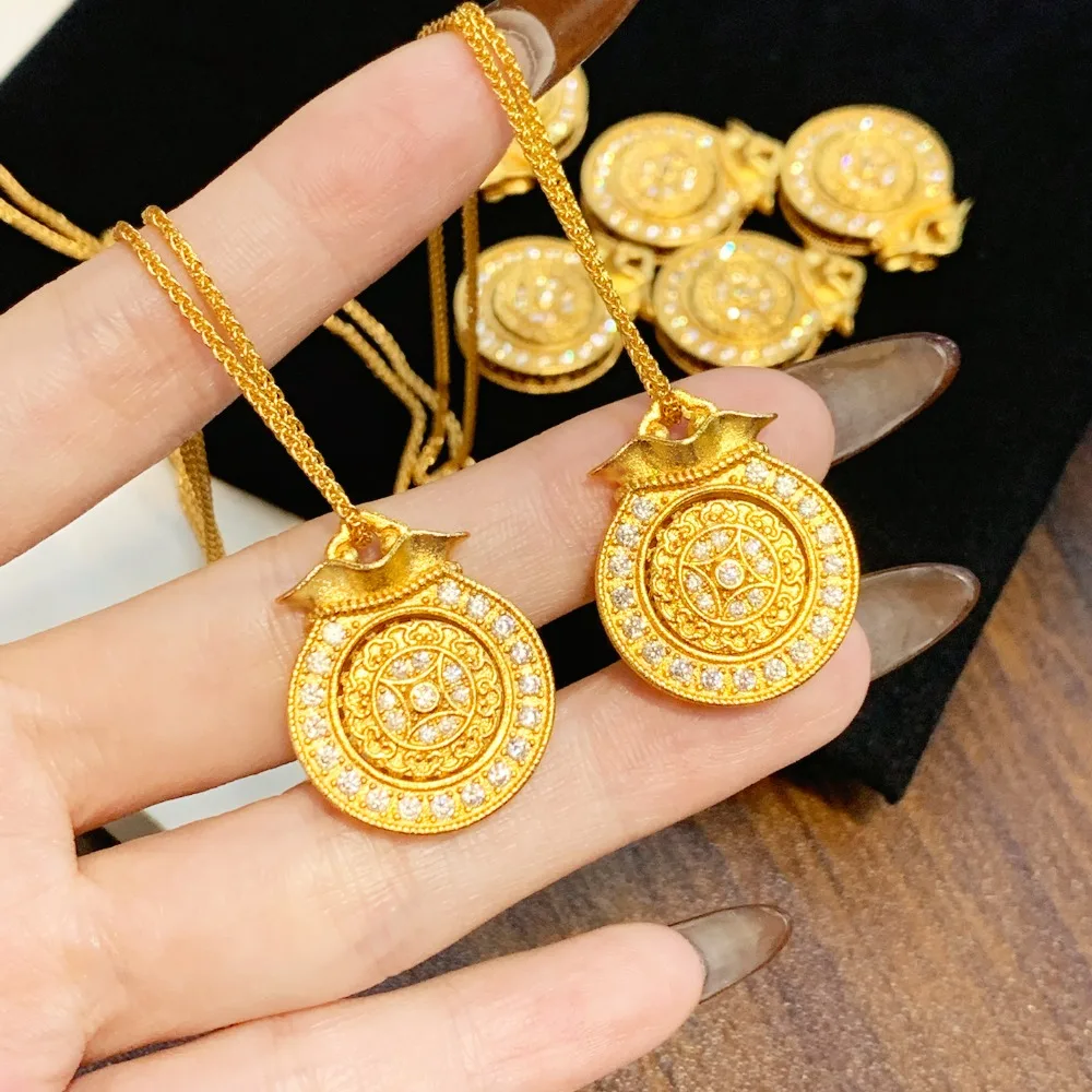 Drawing point drill Mifu bag necklace women retro style hollow money bag 9999gold