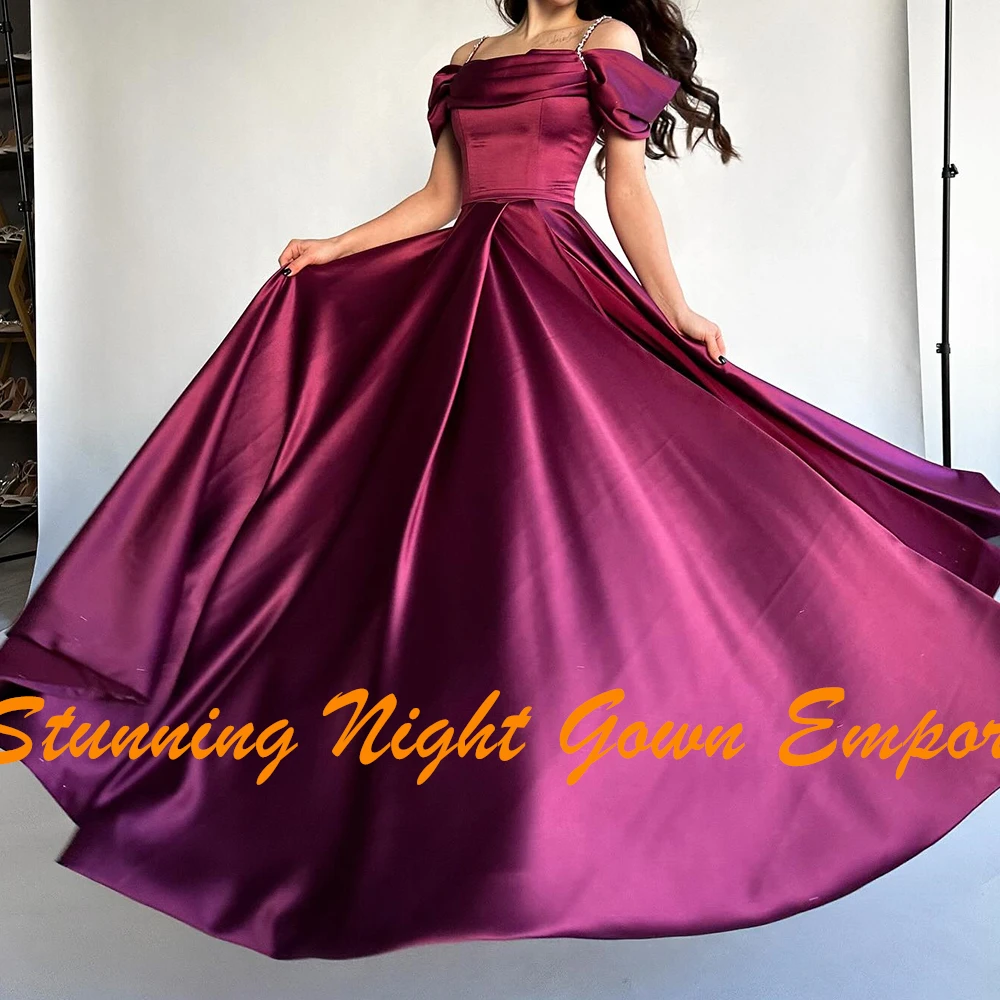 Customized Exquisite Pleats Crystal Spaghetti Straps Off the Shoulder Evening Dresses Graceful A-Line Satin Purple Party Gowns