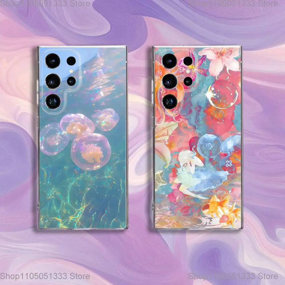 

Pink Jellyfish Phone Case For Samsung S24,30,21,22,23,20 FE,lite,PIus,Ultra,5G,Note,9,10 Transparent Cover