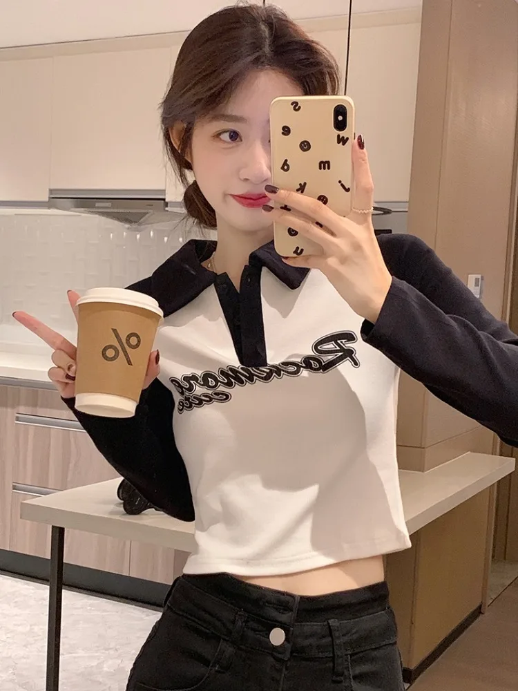 

American Sle Collar ort Sve Women's T-irt Slim Fit Base irt Korean Sle Commute Wind High Waist Print Design