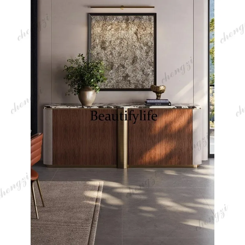 CC182 Retro marble dining side cabinet integrated against the wall for home use, medieval solid wood locker