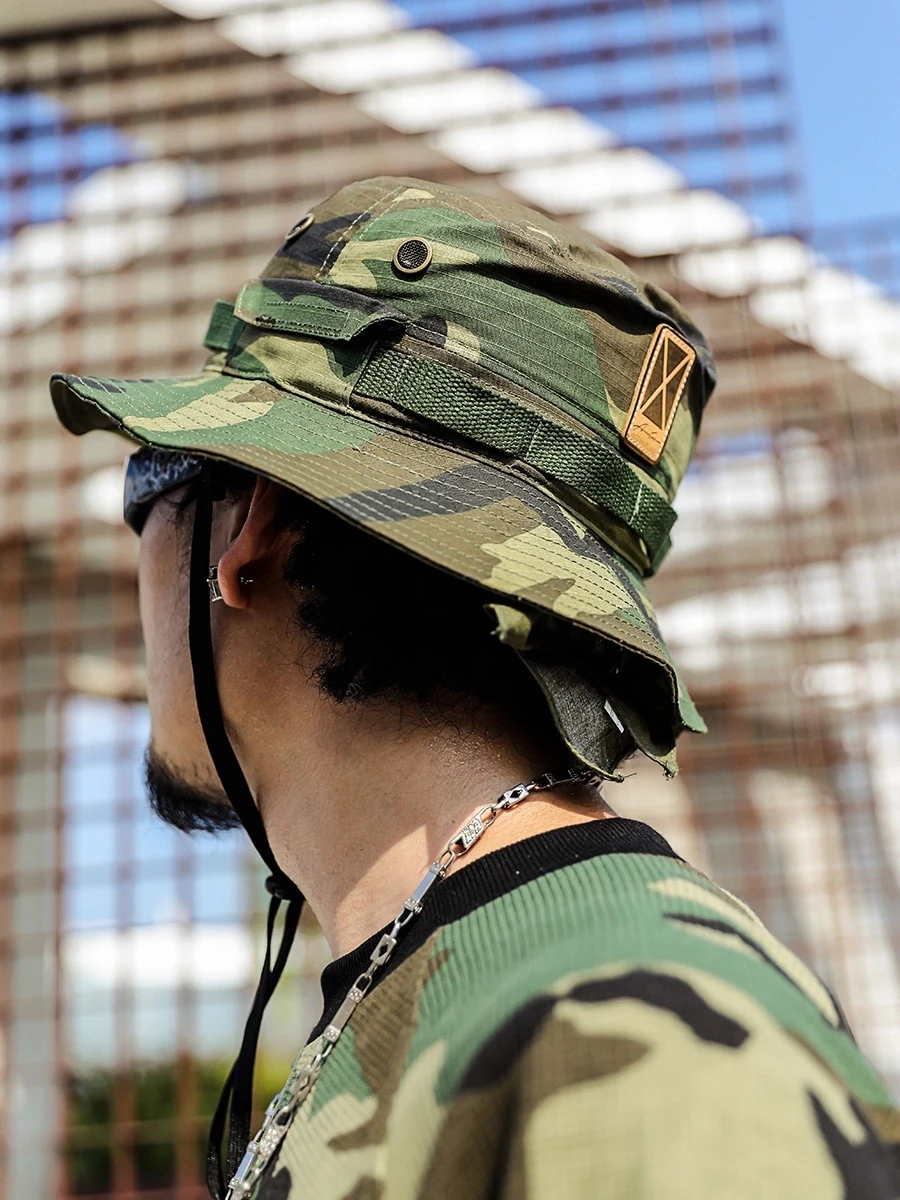 Acusa Outdoor Camouflage Fishing Cap Men's Street Style Autumn Winter Hat round Top Large Brim Travel Casual Cotton Unisex