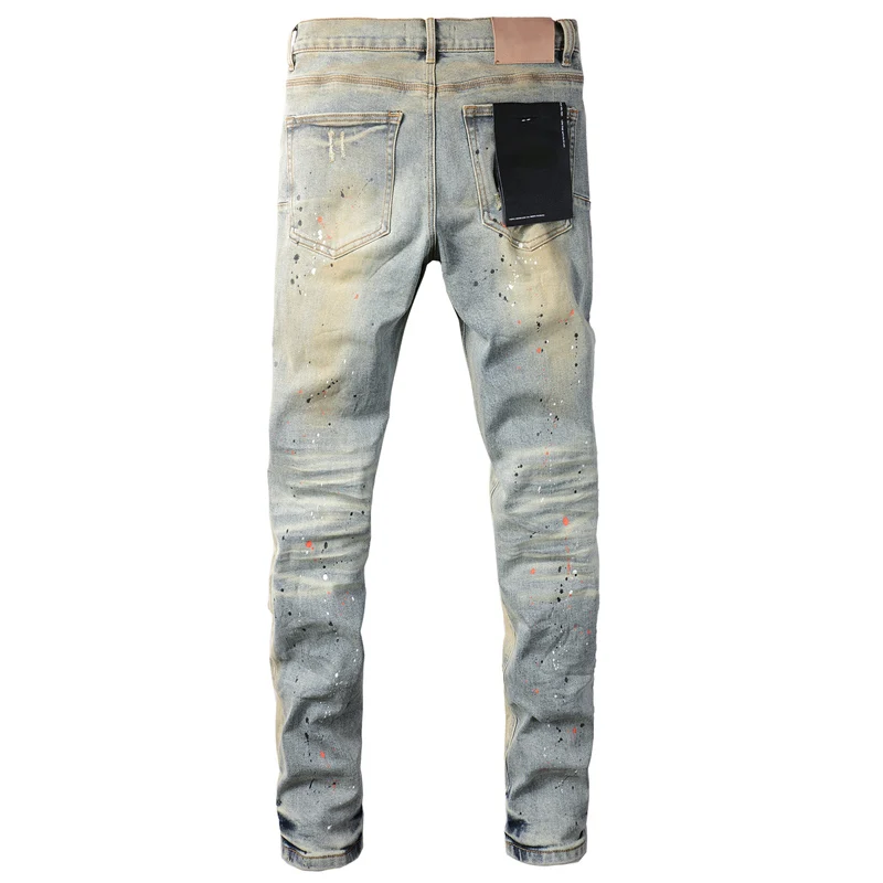 High Street Washed Do Old Purples Jeans High Quality Colorful Graffiti Inkjet Ripped Denim Pants Hip Hop Slim Fit Brands Pants