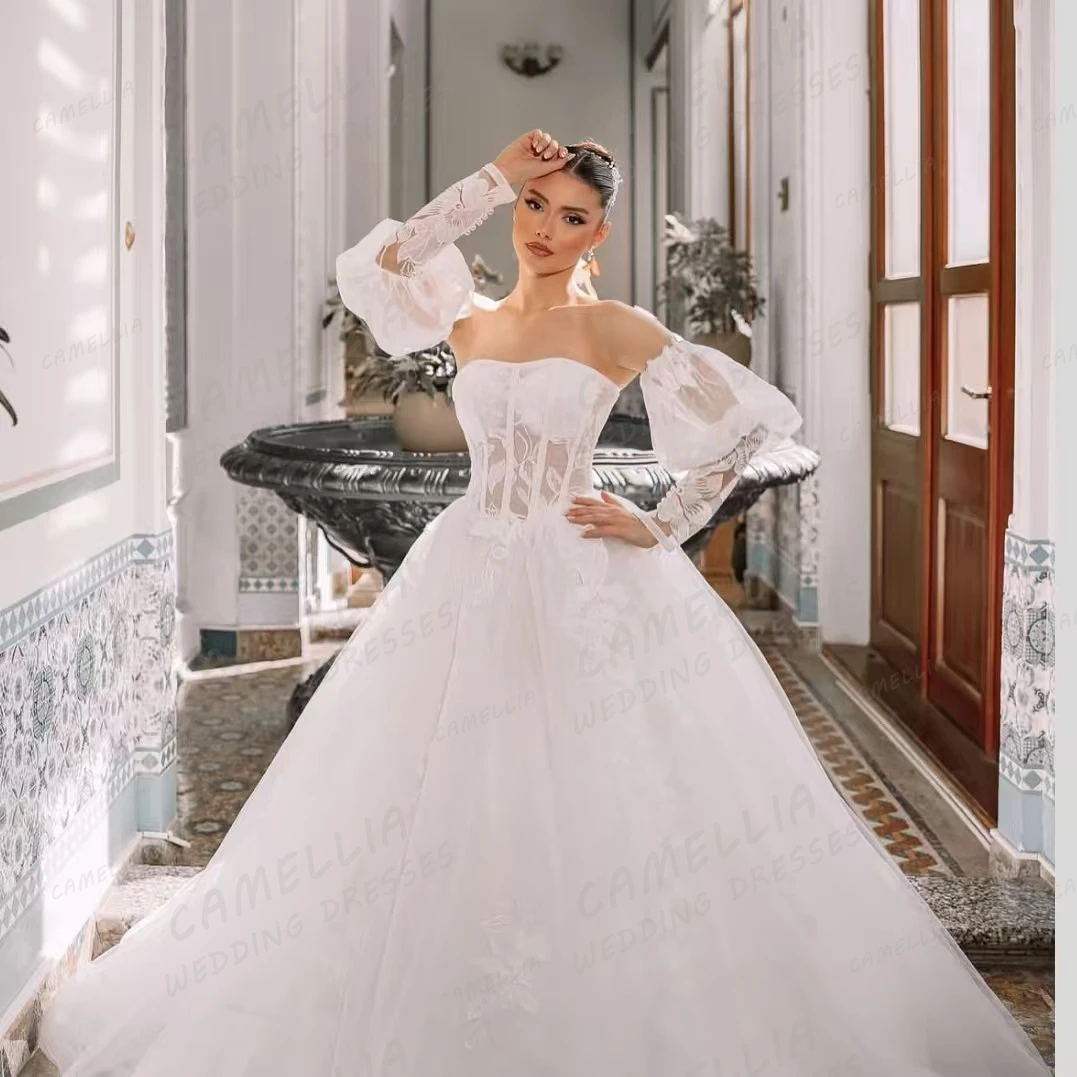 ชุดแต่งงานแบบเรียบง่าย ประดับด้วยลูกไม้ ทรงเอไลน์ สำหรับผู้หญิง ดีไซน์หรูหรา เปิดหลัง ปี 2026 ผ้าทูลล์เซ็กซี่ ชุดราตรีงานแต่งงาน  สามารถสั่งตัดได้