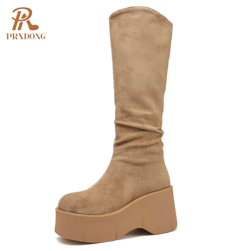 PRXDONG-女性用ニーハイブーツ,厚手のヒール,厚手の厚底靴,黒のアプリコットパンクドレス,カジュアルシューズ,サイズ34-39,ブランド,秋冬