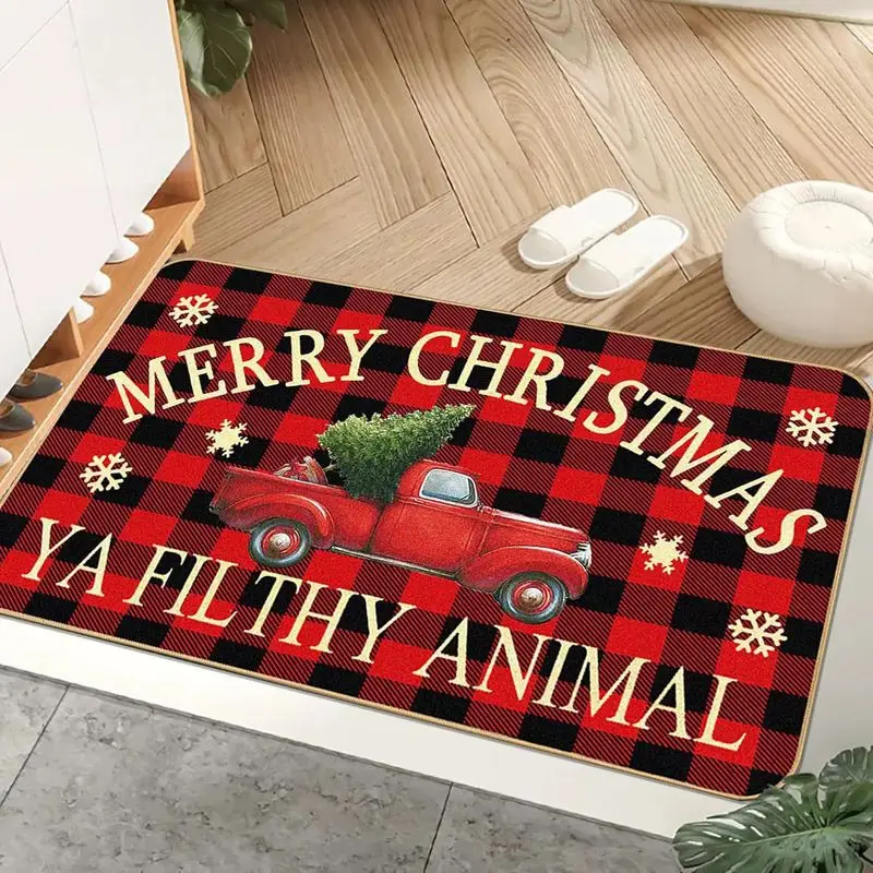VIKAMA Red Merry Yule Colorful Pines Snowflake Welcome Mat Festive Salutations Floor Padding Grip Backed Space Decor Accent Soft