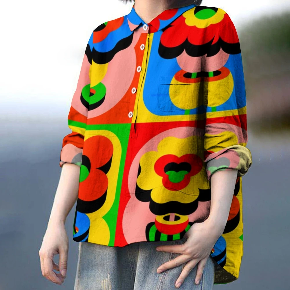 Vibrant Geometric Women's Shirt Multicolor Abstract Print Shirts Geometric Fantasy Blouse Elegant & Edgy Wear Causal Outfit