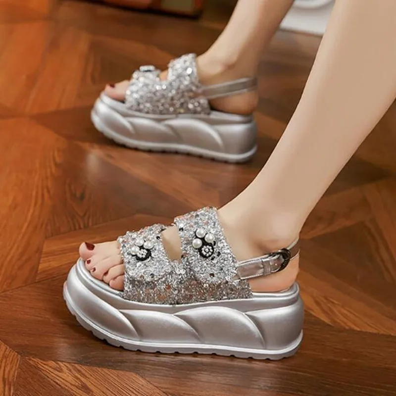 High Quality 7.5cm Synthetic Women Casual High Brand Peep Toe Shoes 2026 New Summer Bling Hollow Slippers Platform Wedge Sandals