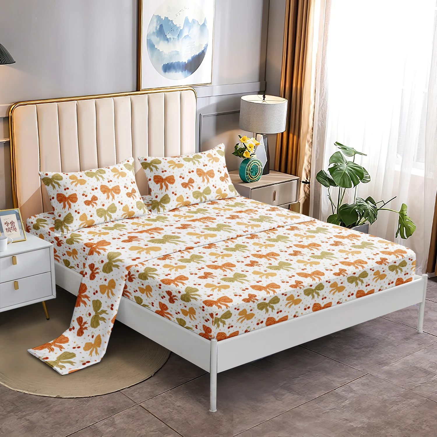 3Pcs Retro Orange Green Bowknot Flat Sheet Set, White Vintage Bow Print Flat Sheet Fitted Sheet,Coquette Aesthetic Bedroom Decor