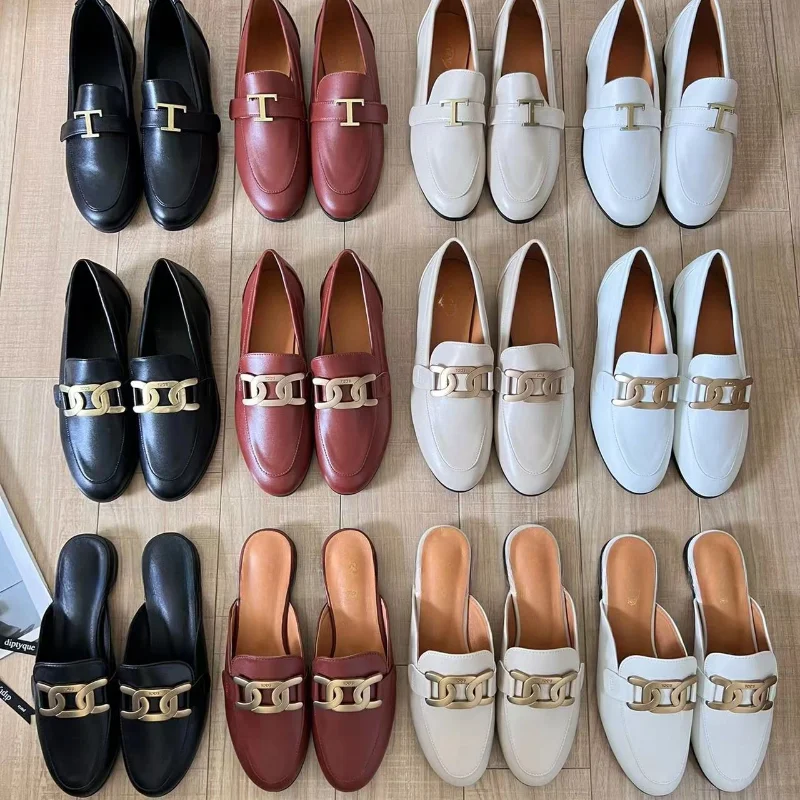 

2024 New High Quality Luxury Flat Loafers Metal Buckle Round Head Half Drag Comfortable Retro British Style Women's Shoes