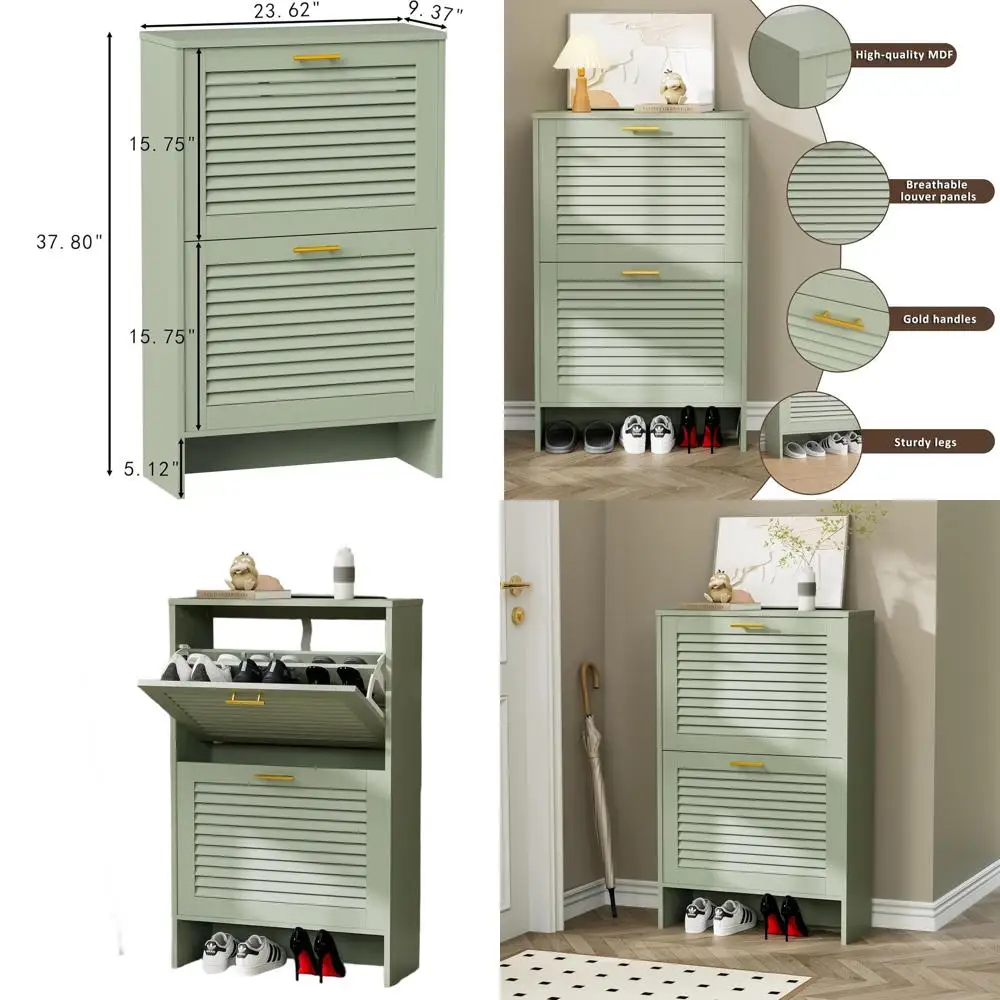 

Green Louvered Shoe Cabinet - Slim Space-Saving Entryway Storage Organizer