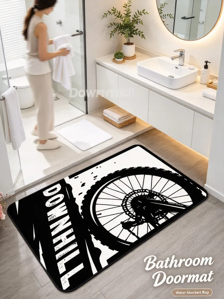 VIKAMA Downhill Bike Wheel Bath Mat Black White Bicycle Print Doormat Absorbent Floor Rug for Bathroom Vanity Bedroom Door Laund