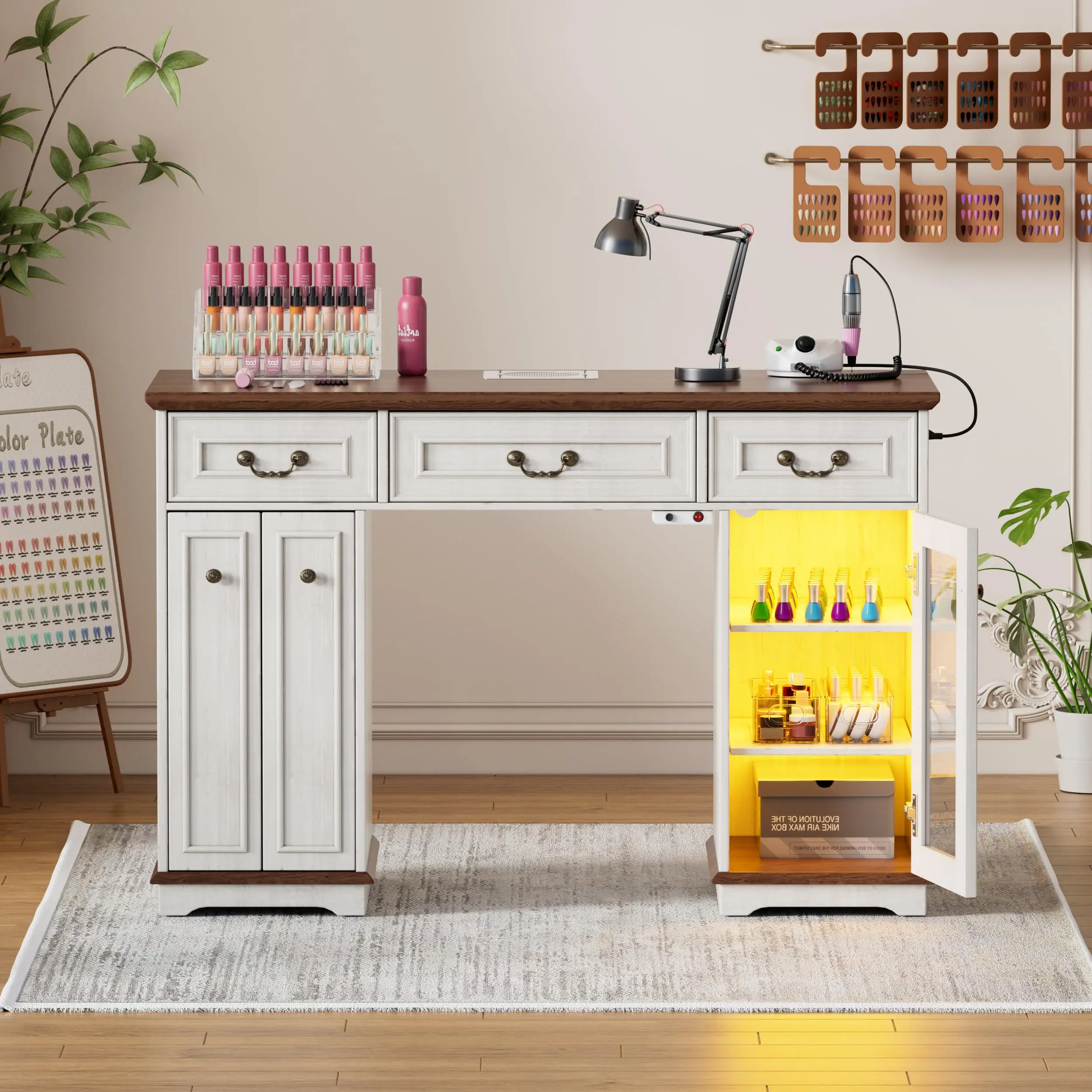 Nail Tech Desk with Dust Collector,Power Station Manicure Table | Includes Nail Polish Rack & Dust Bags,Adjustable