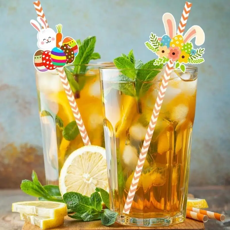 F19B Pack Of 24 Stripe Paper Straw Eggs Rabbits Biodegradable Drinking Straw for Adult and Kids Wedding Drink Accessories