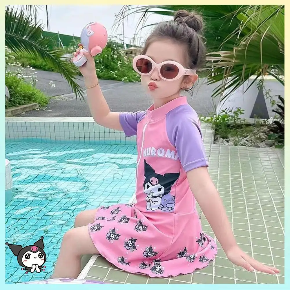 Kawaii Summer Kuromi Kids Swimsuit Anime Sanrios Girls Swimsuit Short Sleeve Quick Dry Sunscreen Swimwear Bikini Beach Clothes