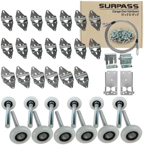 

Garage Door Hardware Kit for 16x8 & 18x8 Double Doors – Rollers, Hinges, Brackets, Rope