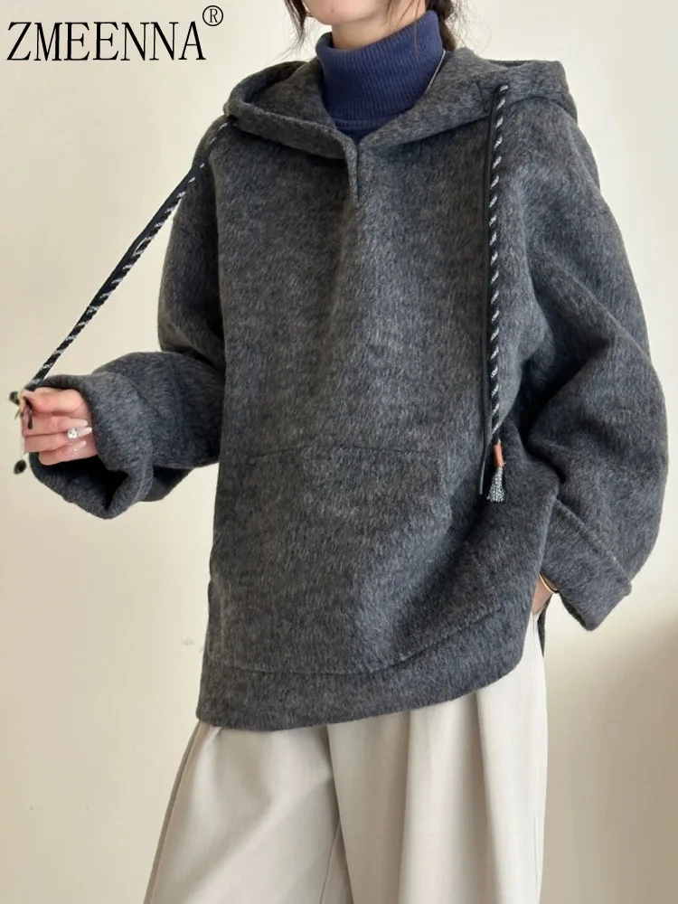 

ZMEENNA Womens Charcoal Gray Wool Blend Hoodie Pullover Loose Fit Drawstring Warm Winter Stylish Oversized Comfort ZM3480
